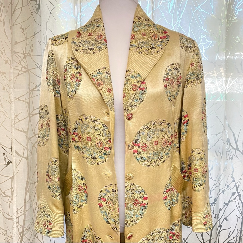 VINTAGE WINDSOR TAILOR GOLD CHINESE DRAGON PRINT BUTTON UP JACKET - Picture 2 of 15